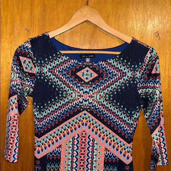 •AS U WISH•NWOT MULTI-COLORED BOHEMIAN 3/4 SLEEVE RUFFLE HEM DRESS SIZE XS - Picture 4 of 10